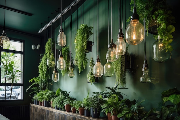 Groene wand met hangplanten en lantaarns voor een moderne urban look