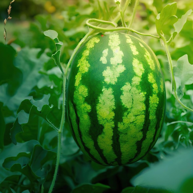 Groene watermeloen groeit in biologische fruittuin