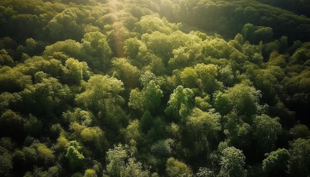 Groene weide berg- en boomschoonheid vastgelegd door drone gegenereerd door AI