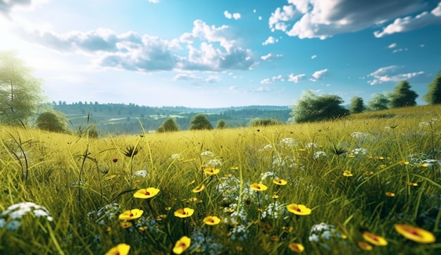 Groene weide met madeliefjes en blauwe lucht met AI gegenereerd