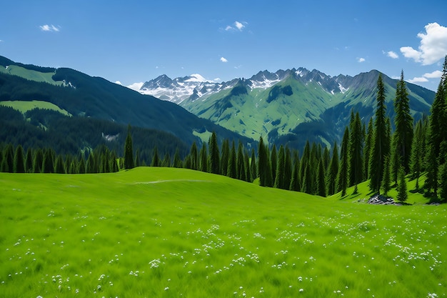 Groene weiden in de bergen van de Alpen bedekt met dennenbos Davos