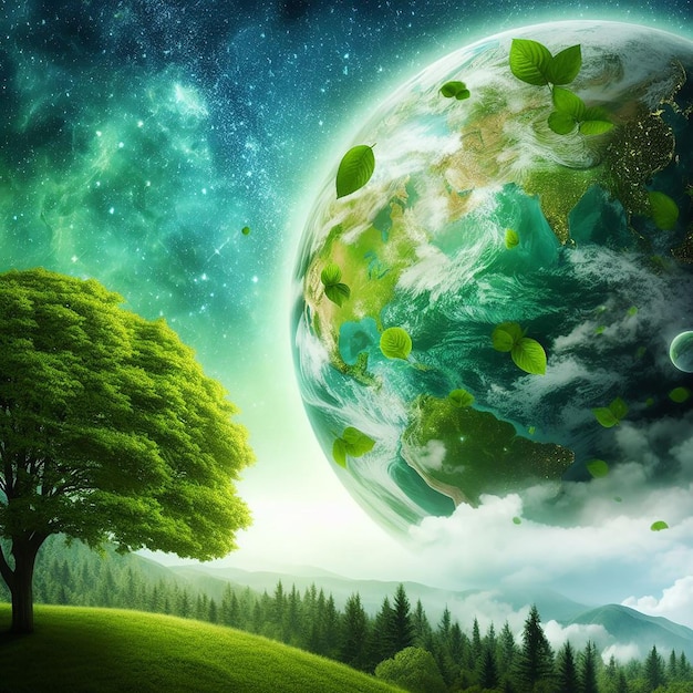 Groene wereld met een boom op de achtergrond en een bol in de lucht