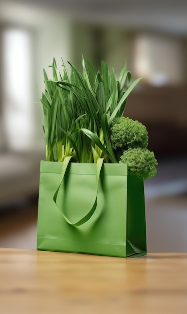 Foto groene winkelzak met groene uien broccoli en andere groenten op de achtergrond van het huis winkelen