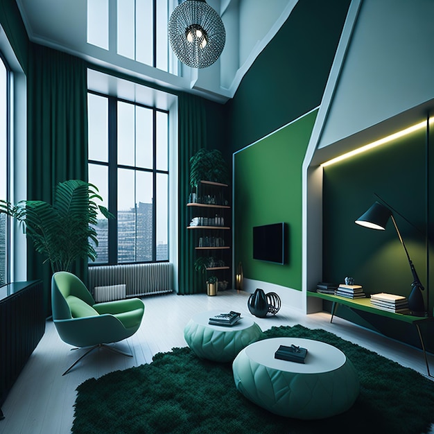 Groene woonkamer met vrije ruimte met gouden details