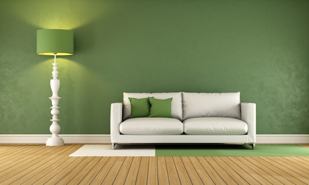 Groene woonkamer met witte sofa op houten vloer