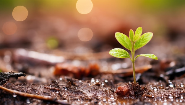 Groene zaailing groeit uit zaad in het ochtendlicht Ecologieconcept