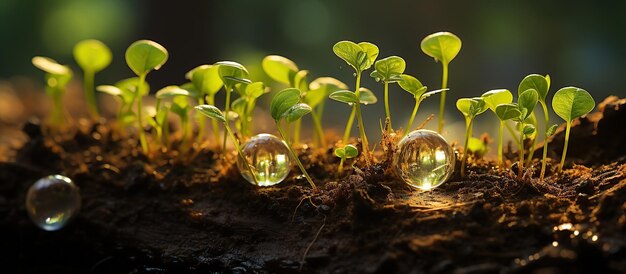 Foto groene zaailingen die het concept van een nieuw leven illustreren met een transparante glazen bal