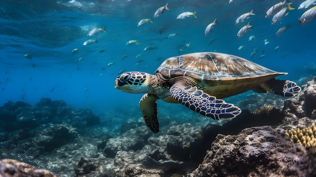 groene zeeschildpad die met schoolvissen onder de zee zwemt