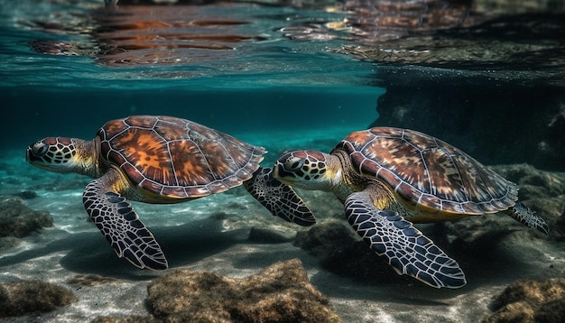 Groene zeeschildpad die zwemt in een rustig rif gegenereerd door AI