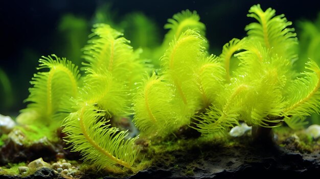 Groene zeewier onder water in het donker.