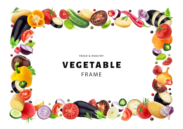 Groente geïsoleerd op een witte achtergrond, frame gemaakt van verschillende vliegende groenten, kruiden en specerijen, met kopie ruimte