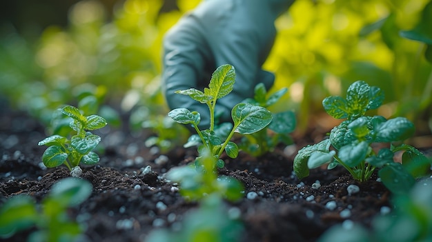 Groente kweken in de achtertuin met behulp van een tuinier die handschoenen draagt De tuinier bereidt de grond voor op het planten van de zaailingen