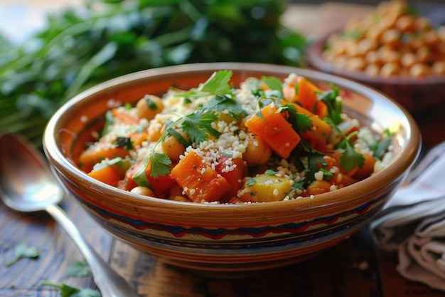 Groente tagine met amandel en kikkererwten couscous