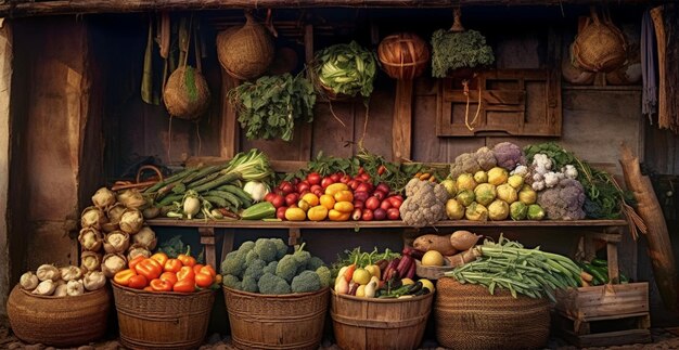 Groenteboeren marktkraam kleurrijk verschillende verse biologische gezonde groenten AI gegenereerd beeld