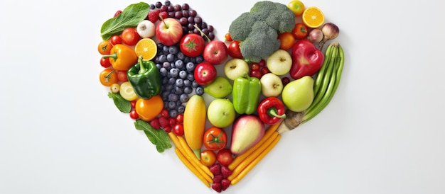 Groenten en fruit gerangschikt in de vorm van een hart dat staat voor gezonde voeding en voeding