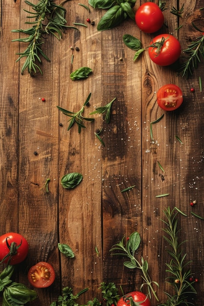 groenten en fruit met kruiden op een houten tafel Generatieve AI