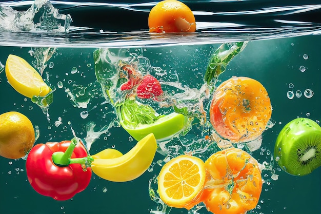 Foto groenten en fruit met schone waterplons