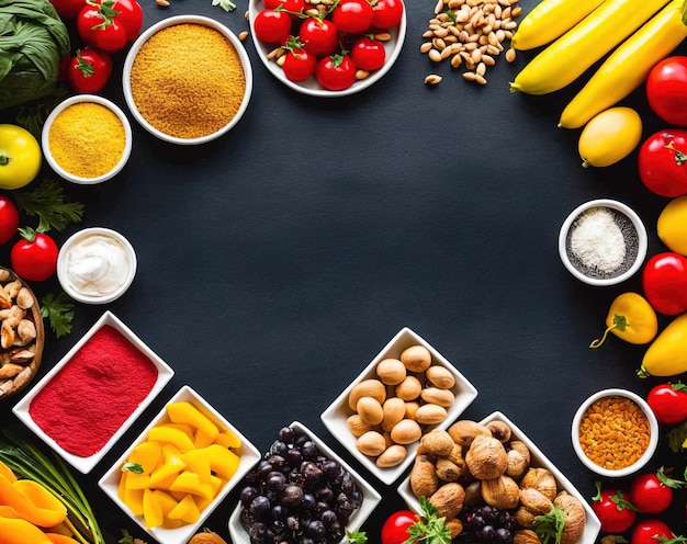 Groenten en fruit plat oppervlak donkere achtergrond decoratie