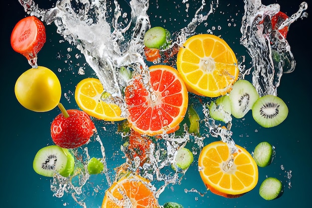 Groenten en fruit spatten in helder water