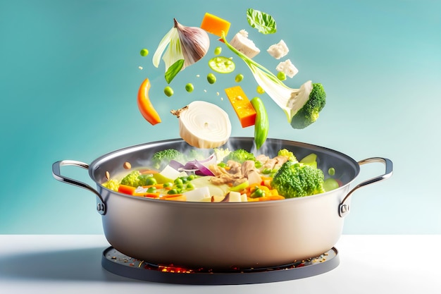 Groenten en specerijen vliegen uit de pan op een witte achtergrond met kopieerruimte