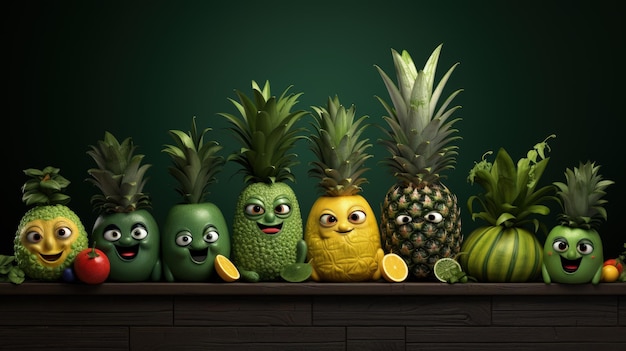 Groenten fruit cartoon persoonlijkheid karakter grappige voedingsingrediënten van goede voeding leuke en grappige producten kruidenier met menselijke gelaatstrekken