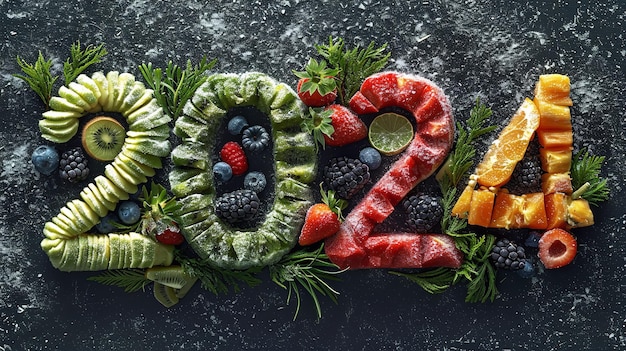 Foto groenten, fruit en vis op een zwarte achtergrond symboliseren het jaar 2024 vers generatieve ai