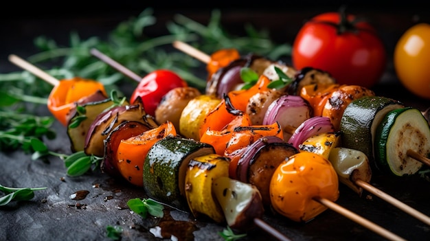 Foto groentenspiesjes met diverse gegrilde groenten generatieve ai