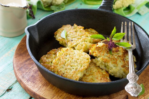 Groentepannenkoekjes Gebakken vegetarische schnitzels of beignets op een houten keukentafel