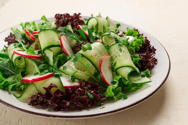 Groentesalade radijs en komkommer radijs microgreens slablaadjes groene uien zelfgemaakt geen mensen