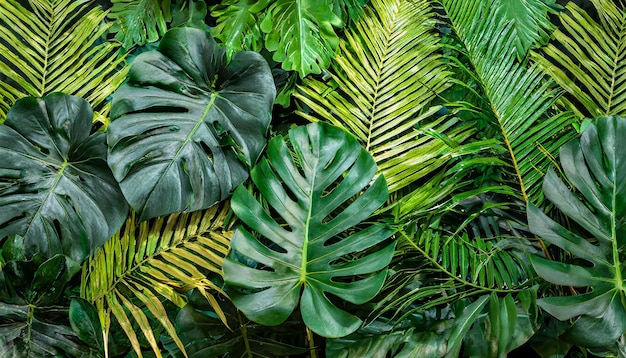 Foto groep achtergrond van donkergroene tropische bladeren monstera palm kokosnoot blad varenspalm