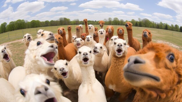 Foto groep alpaca's op het platteland alpacaboerderij ai generatief