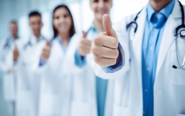 Groep artsen die ok of goedkeuringsbord tonen met duim omhoog medische dienst van hoog niveau en kwaliteit