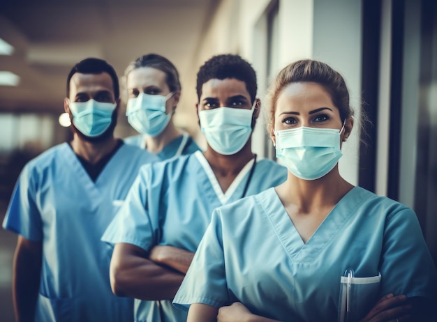 Groep artsen en verpleegkundigen die gezichtsmaskers tonen in het ziekenhuis