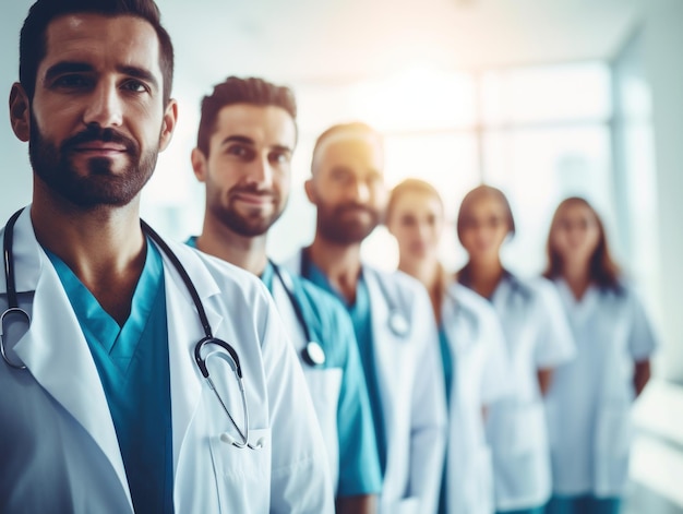 Groep artsen lopen in een ziekenhuis selectieve wazige achtergrond