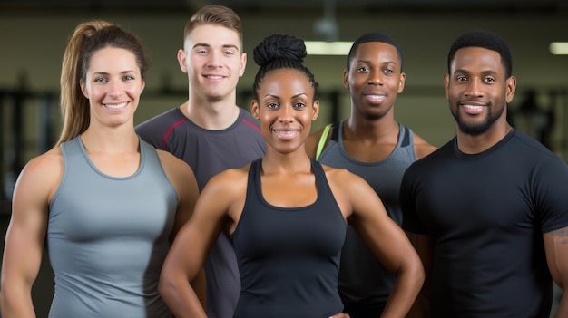 Foto groep atletische mannen en vrouwen staan samen op de achtergrond van een sportschool