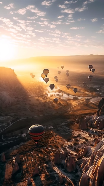 Groep ballonnen die in de lucht over bergen vliegen in de zomerochtend bij zonsopgang Generatieve AI-illustratie