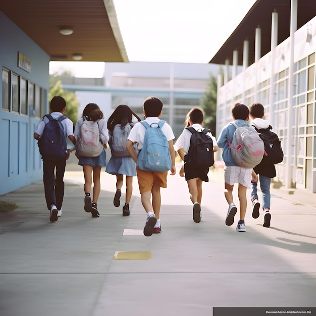 Groep basisschoolkinderen die op school achteraanzicht rennen