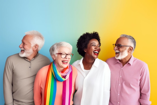 Groep bejaardes die lachen met een gradiënt achtergrond LGBT senioren