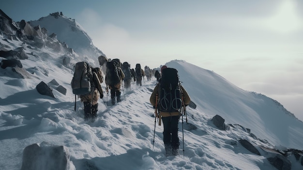 Groep bergbeklimmers in de winter AI gegenereerd