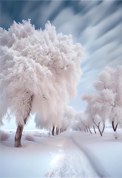 Groep bomen die in de sneeuw generatieve ai staan