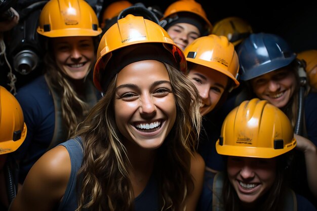 Groep bouwvakkers die glimlachen en verschillende gereedschappen vasthouden