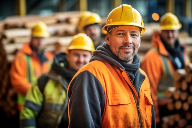 Groep bouwvakkers en ingenieurs staan samen op de achtergrond van de fabriek bij het vieren van de Dag van de Arbeid Arbeiders. Werkers van verschillende nationaliteiten in uniformen en veiligheidshelmmen hebben AI gegenereerd.