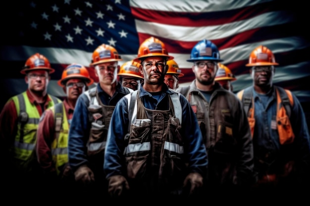 Foto groep bouwvakkers en ingenieurs staan samen op de achtergrond van de fabriek bij het vieren van de dag van de arbeid arbeiders. werkers van verschillende nationaliteiten in uniformen en veiligheidshelmmen hebben ai gegenereerd.