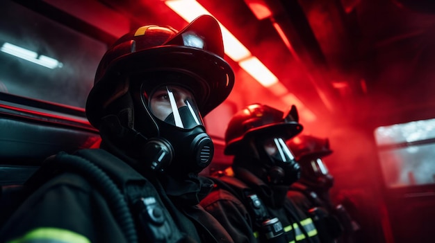 Groep brandweerlieden met maskers in vrachtwagens moedig teamwerk voor brandveiligheid en gemeenschapsbescherming