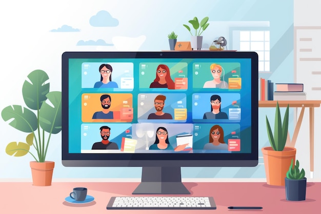 Groep business team videoconferentie vergadering online concept platte vector illustratie cartoon karakter ontwerpconcept Generatieve AI