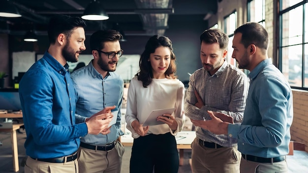 Groep casual geklede zakenlieden die ideeën bespreken in het kantoor