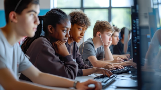 Groep computermonitors delen in het lab aan de computertafel AIG41