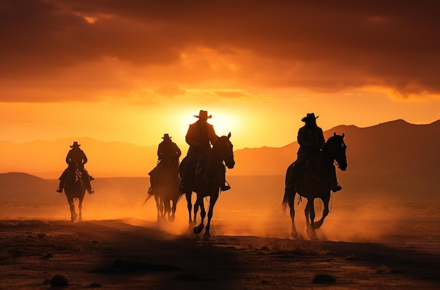 Groep cowboy rijpaard bij zonsondergang