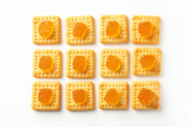 Groep crackers bekroond met verse sinaasappelsnijden op een witte of heldere oppervlakte PNG doorzichtige achtergrond