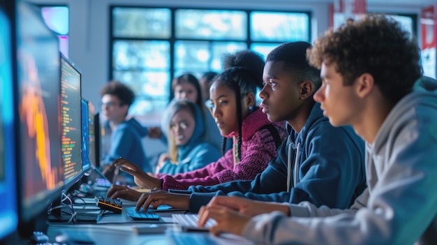 Groep die computermonitors in het lab bij de computertafel deelt